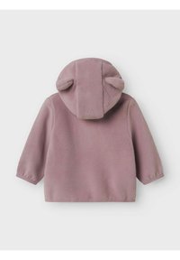 Fleece bunda v svetlobordovej farbe s kapucňou a ušami medveďa. Dlhé rukávy, jemná textúra a bez predného zapínania, navrhnutá pre pohodlie.
