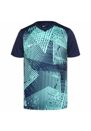 Granatowa sportowa koszulka z krótkim rękawem, z jasnoniebieskim abstrakcyjnym geometrycznym wzorem i małym białym logo Nike na piersi.