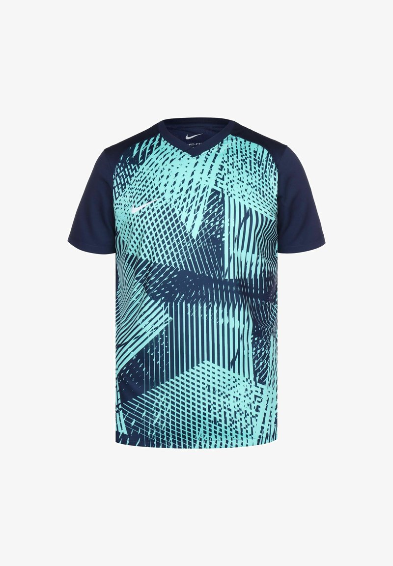 T-shirt de sport bleu marine à manches courtes avec un motif géométrique abstrait bleu clair et un petit logo blanc Nike sur la poitrine.