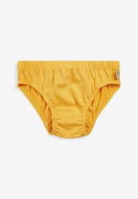 Bas de bikini jaune pour enfant en tissu doux. Présente des côtés froncés et une taille élastique pour le confort. Design simple sans motifs.