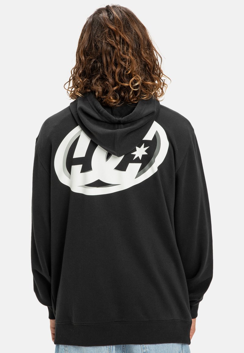 Black hoodie featuring a large white logo on the back, made of soft material with a classic fit and adjustable drawstring hood.