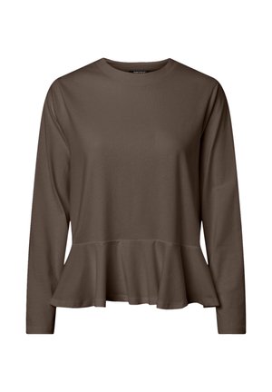 Haut marron à manches longues avec un col rond et un ourlet évasé style peplum. Confectionné dans un tissu lisse, avec une coupe décontractée et peu de détails.