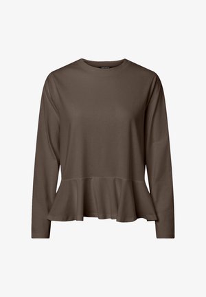 Rjav dolg rokav z okroglim izrezom in razširjenim spodnjim delom pepluma. Izdelan iz gladke tkanine z sproščenim krojem in minimalnimi detajli.