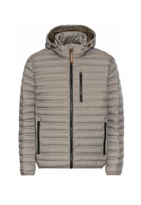 Grå polstret jakke med hætte, med horisontal quiltet tekstur, to sidelommer med lynlås, en brystlomme med lynlås og justerbar snøre.