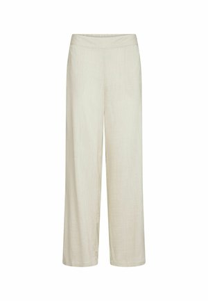 Pantalones de pierna ancha beige con cintura alta y textura de tela suave, presentados sobre un fondo blanco.