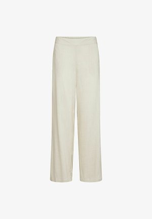 Pantaloni bej cu croială largă și talie înaltă, cu o textură netedă a țesăturii, expuși pe un fundal alb.
