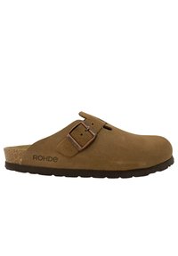 Zueco de ante marrón con punta redondeada, hebilla metálica ajustable, plantilla de corcho y suela de goma. Presenta el logo "ROHDE" en el lateral.