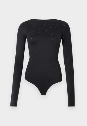 Body negru cu maneci lungi, realizat dintr-un material neted, având o formă ajustată și accente de strasuri împrăștiate pe față și pe mâneci.