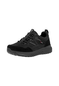 Black athletic shoes with a mix of suede and textured textile. Features rounded toe, laces, and a textured rubber sole for traction.