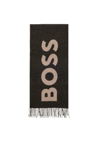 Sciarpa grigia scura con grande scritta "BOSS" in beige. Il materiale ha una texture morbida, con dettagli frangiati su entrambe le estremità. Forma rettangolare.