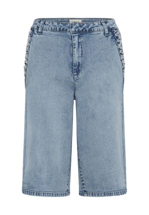 Hele sinised teksast bermuda lühikesed püksid, millel on külgedel punutud ja pärlikujundusega detailid, ees nupuga ja vööaasad.