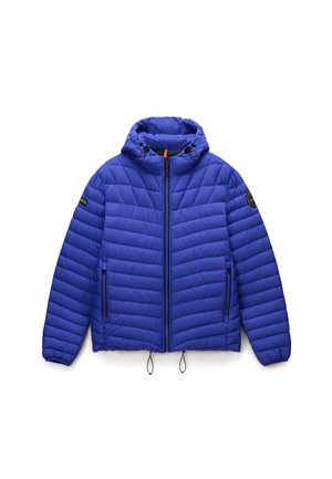 Blue puffer jacket with a hood, featuring a quilted design, front zipper, two side pockets, and adjustable drawstrings at the hem.