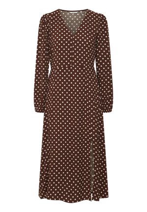 Braunes Polka-Dot-Kleid mit langen Ärmeln, einem V-Ausschnitt und einem seitlichen Schlitz, gefertigt aus einem weichen Stoff, der sanft fällt.