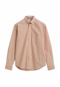 Knoopshirt in licht perzik met verticale blauwe strepen. Bevat een kraag, lange mouwen en een klein borstzakje. Van katoen.