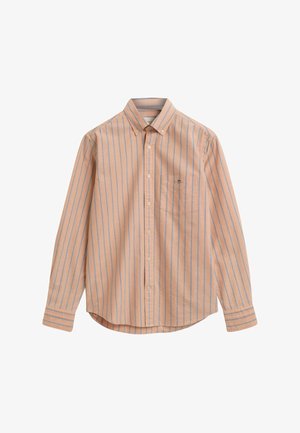 Camicia button-up di un leggero pesca con strisce blu verticali. Presenta un colletto, maniche lunghe e una piccola tasca sul petto. Materiale in cotone.