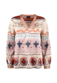 Long-sleeve blouse in patterned lightweight fabric featuring a V-neck, colorful floral and geometric designs in shades of pink, gray, and cream.