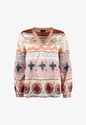 Long-sleeve blouse in patterned lightweight fabric featuring a V-neck, colorful floral and geometric designs in shades of pink, gray, and cream.