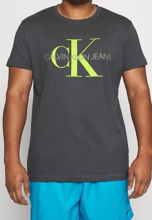 Maglietta grigia in cotone con un grande logo "CK" verde lime e la scritta "CALVIN KLEIN JEANS", con scollo classico a girocollo.