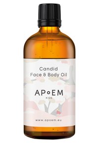 Bärnstenfärgad glasflaska med svart twist-kapsyl. Etiketten har pastellillustrationer och text: "Candid Face & Body Oil," "APoEM KIDS."