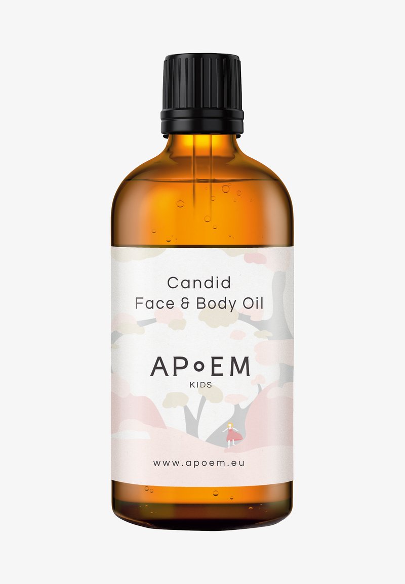 Bärnstenfärgad glasflaska med svart twist-kapsyl. Etiketten har pastellillustrationer och text: "Candid Face & Body Oil," "APoEM KIDS."