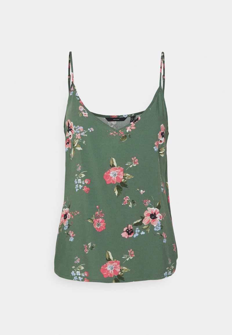 Top vert sans manches pour femme avec fines bretelles, décoré de motifs floraux roses, rouges et bleus éparpillés sur le tissu.