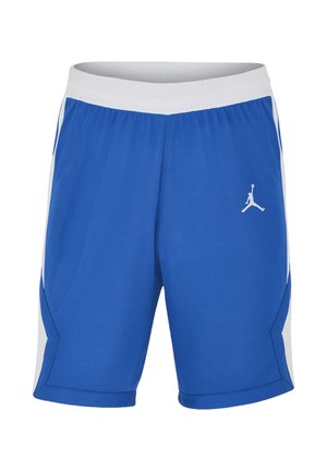Pantaloncini sportivi blu con fascia elastica bianca in vita e pannelli laterali, con un piccolo logo Jumpman bianco sulla gamba destra.