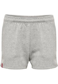 Grijze katoen shorts met een elastische tailleband, met een gladde textuur en een klein rood logo-label aan de onderkant aan de linkerzijde.
