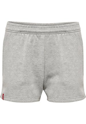 Graue Baumwollshorts mit einem elastischen Bund, die eine glatte Textur aufweisen und ein kleines rotes Logotag an der unteren linken Seite haben.