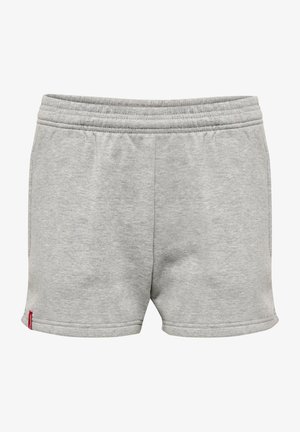 Grå bomuldsshorts med elastisk talje, der har en glat tekstur og et lille rødt logo på nederste venstre side.