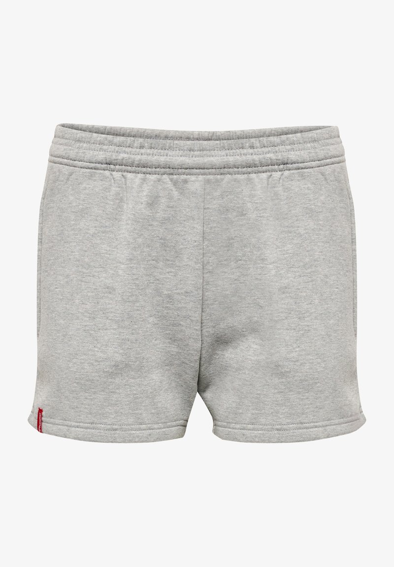 Graue Baumwollshorts mit einem elastischen Bund, die eine glatte Textur aufweisen und ein kleines rotes Logotag an der unteren linken Seite haben.