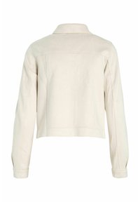 Afklippet beige jakke med krave, lange ærmer og synlige sømdetaljer. Tekstureret stof med en glat finish.