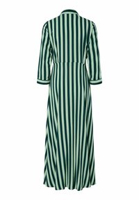 Dlouhé pruhované šaty v zelené a krémové barvě s tříčtvrtečními rukávy, límečkem a přiléhavým pasem, zdobené vertikálními liniemi a splývavou látkou.