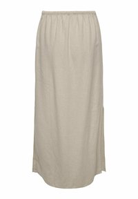 Falda maxi de lino beige con cintura elástica, que presenta dos aberturas laterales y una textura suave, diseñada para un ajuste relajado.