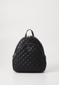 Schwarzer gesteppter Rucksack aus synthetischem Leder mit goldfarbener Hardware, doppelten Reißverschlüssen und einem Logo-Plakette auf der Vorderseite.