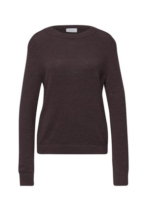 Pull en maille marron foncé à manches longues avec col rond, poignets et ourlet côtelés, présenté sur un fond blanc.