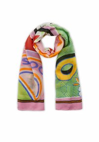 Écharpe colorée ornée de motifs audacieux en rose, rouge, vert et jaune. Fabriquée en tissu léger avec une texture lisse et une bordure noire.