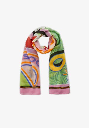 Kleurrijke sjaal met gedurfde patronen in roze, rood, groen en geel. Gemaakt van lichtgewicht stof met een gladde textuur en zwarte afwerking.