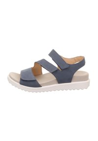 Blå lædersandaler med tre justerbare Velcro-stropper, en beige fodseng og en hvid gummisål med et bølget mønster.