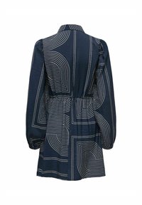 Navyblauwe jurk met een geometrisch patroon van witte lijnen, een kraagnek, elastische taille en lange puffed sleeves.