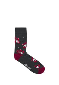 Grijze socken met rode accenten, voorzien van een kerstthema-patroon van kerstmannetjes en sneeuwvlokken. Materiaal is waarschijnlijk katoen of polyester.