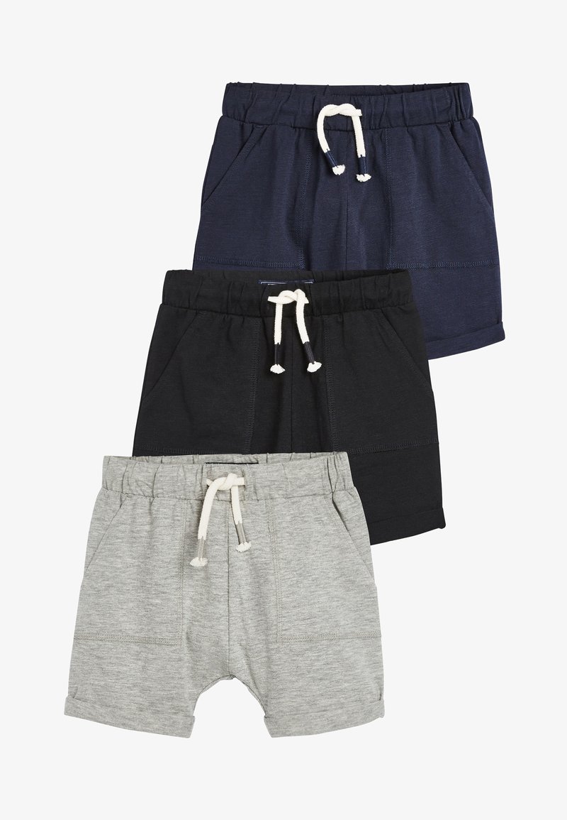 Drei Paar Kleinkind-Shorts in Marine, Schwarz und Grau, jeweils mit elastischem Bund und weißen Zugbändern.