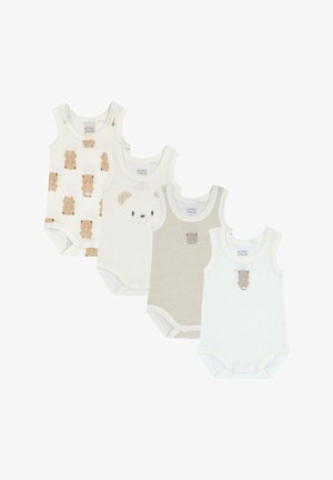 Four cotton baby tank tops in cream and soft beige. One with bear patterns, others with simple bear graphics and subtle stripes.