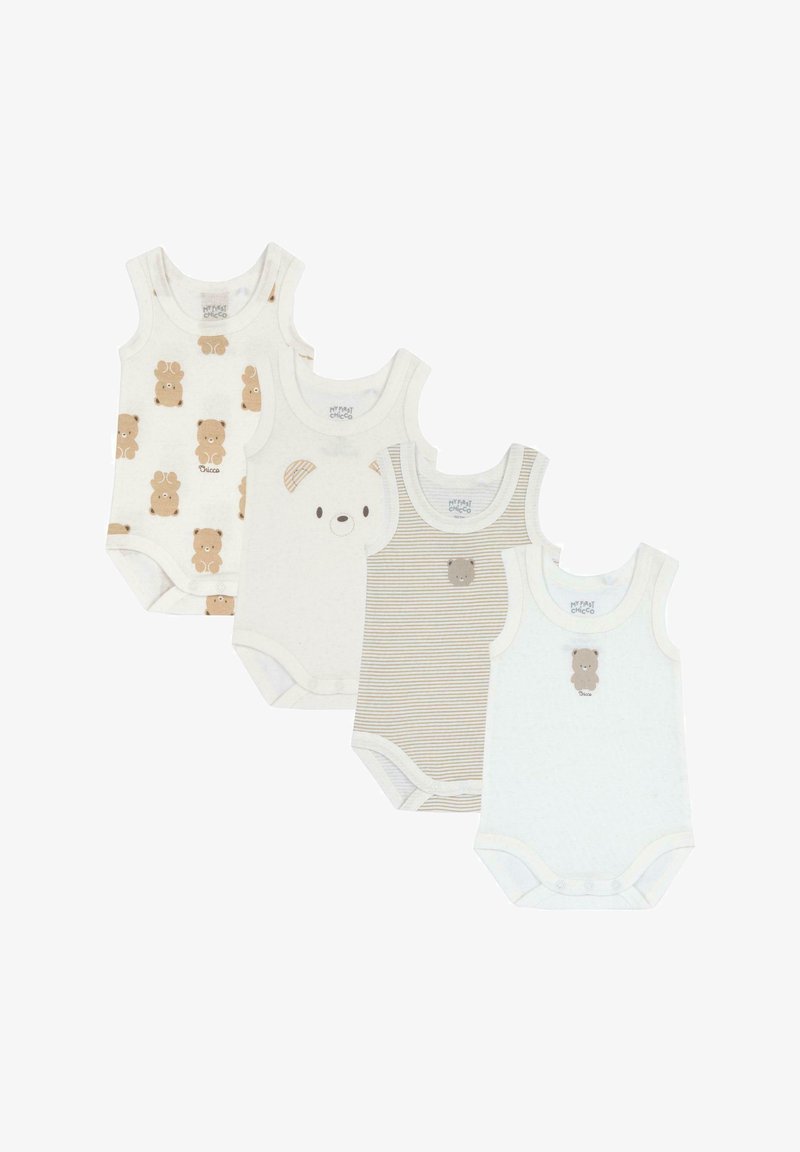 Čtyři bavlněné dětské topy bez rukávů v krémové a jemné béžové barvě. Jeden s potiskem medvědů, další s jednoduchými grafikami medvědů a decentními pruhy.