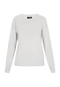 Hellegrauer gestrickter Pullover mit Rundhalsausschnitt, langen Ärmeln sowie gerippten Bündchen und Saum. Weicher Stoff, minimalistisches Design, keine Muster.