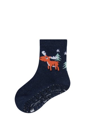 Marineblaue Socken mit einem orangefarbenen Elch und einem Muster aus grünen Bäumen; mit strukturierten, rutschfesten Sohlen für Grip und Sicherheit.