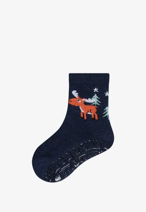 Marineblaue Socken mit einem orangefarbenen Elch und einem Muster aus grünen Bäumen; mit strukturierten, rutschfesten Sohlen für Grip und Sicherheit.