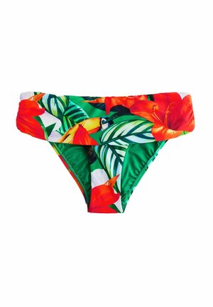 Blommiga bikiniunderdelar med livfulla röda blommor, gröna blad och en flerfärgad design. Tillverkade av ett mjukt, stretchigt tyg.