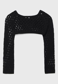 Boléro court en maille noire à manches longues avec motif ajouré et encolure ronde, conçu pour couvrir les épaules et les bras.