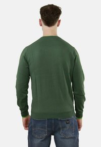 Maglione verde a maglia con maniche lunghe, collo rotondo e polsini a costine. Mostrato indossato vista posteriore. Abbinato a jeans blu.