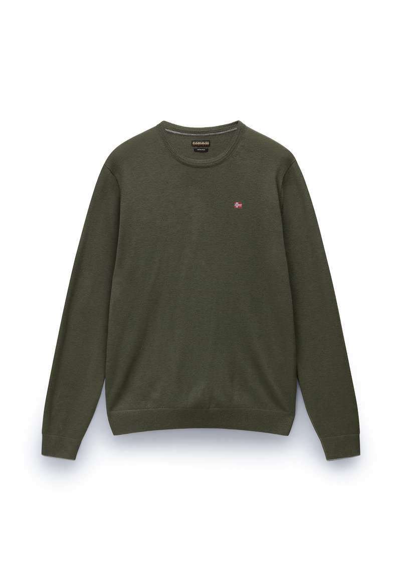 Maglione verde oliva realizzato in materiale morbido, con scollatura rotonda, maniche lunghe e un piccolo logo sul lato sinistro del petto.